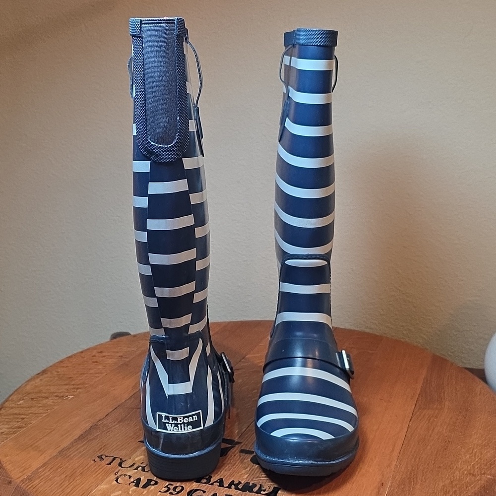 L.L. Bean Navy and White Nautical Striped Rain Boots Wellies Size 8 - Picture 2 of 11